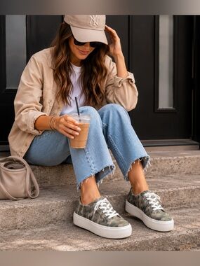 Steve Madden Emmi Platform Sneakers Womens 9 Camo Canvas Casual Streetwear Shoes